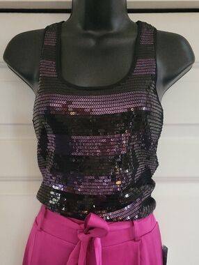Forever 21 Sequin Tank Top Small | Black Purple Stripe Sparkly Party Club Top